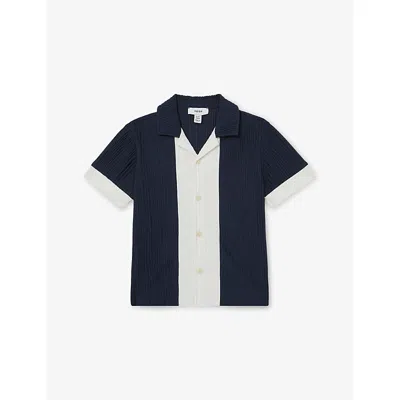 REISS NAVY WHITE COLOUR-BLOCK PLISSÉ WOVEN SHIRT 9-13