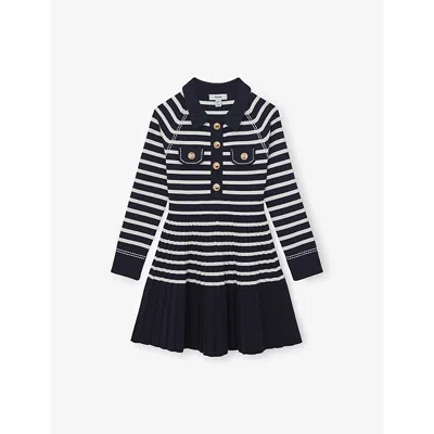 Reiss Kids' Navy White Sapna Striped Stretch-knit D In Black