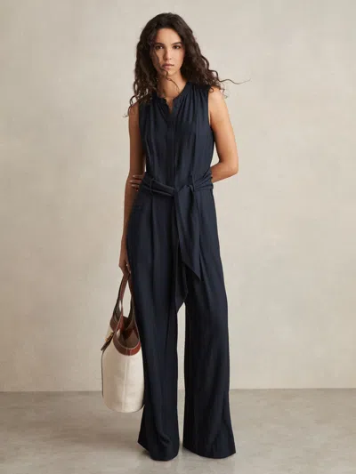 Reiss Navy Wide-leg Belted Jumpsuit In Brown
