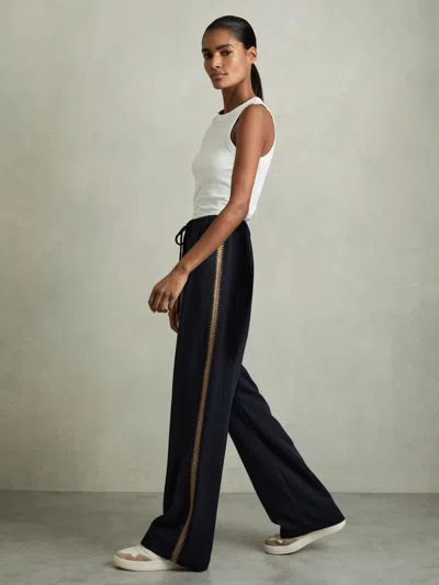 Reiss Navy Wide-leg Embroidered Trousers In Blue
