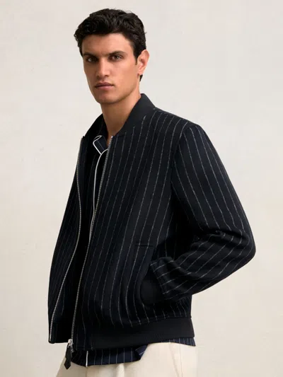 Reiss Navy Wool-blend Chalk-stripe Bomber Jacket In Black