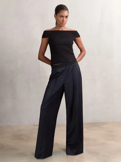 Reiss Navy Wool-blend Pinstripe Wide-leg Trousers In Blue