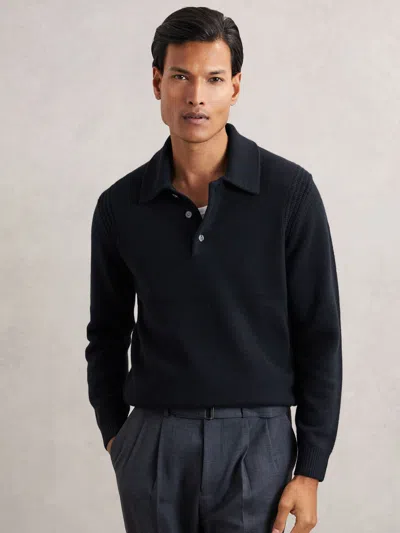 Reiss Navy Wool-blend Polo Jumper With Cashmere In Black