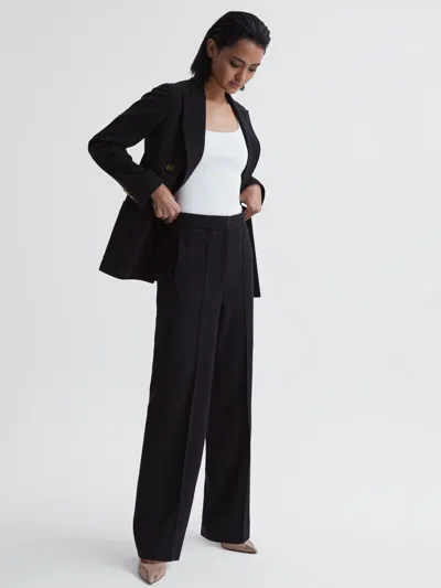 Reiss Navy Wool Blend Wide Leg Suit Trousers In Black