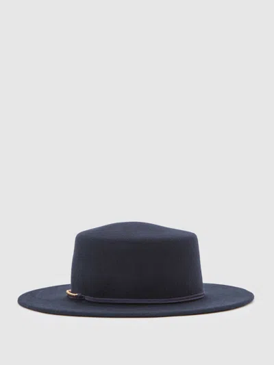 Reiss Navy Wool Felt Chain-strap Fedora Hat In Blue