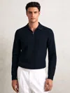 Reiss Hamilton Long Sleeved Half Zip Square Textured Wool Polo Shirt In Blue
