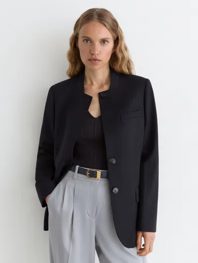 Reiss Navy Wool-blend Check Collarless Blazer In Blue