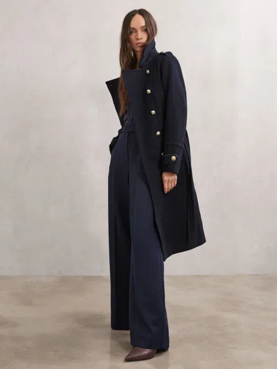 Reiss Navy Wool-blend Double-breasted Coat In Blue