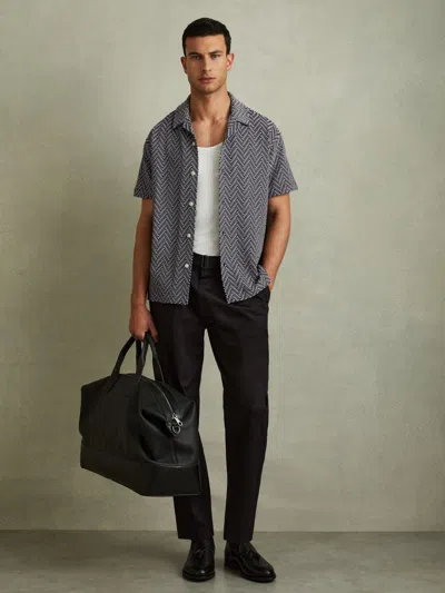 Reiss Navy Zig-zag Cuban Collar Shirt In Blue