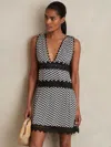 Reiss Navy Zig-zag Print Lace-trim Mini Dress In Black