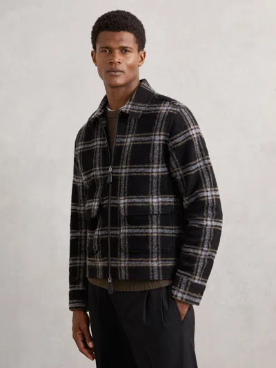 REISS REISS NAVY VARENA ZIP-THROUGH CHECK OVERSHIRT WITH WOOL