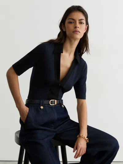 Reiss Navy/black Jersey Colour-block Half-zip Polo Top In Blue