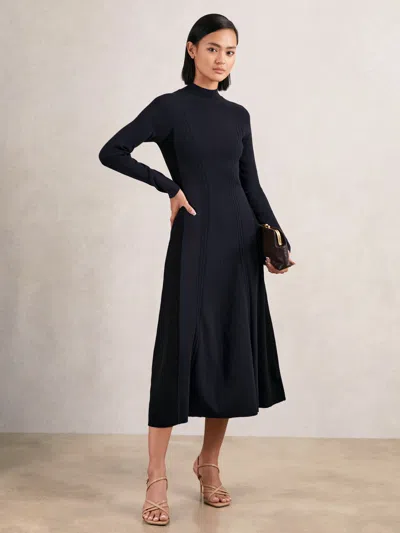 Reiss Navy/black Petite Knitted Contrast-panel Midi Dress