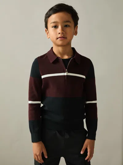Reiss Navy/bordeaux/white Tokyo 3-9 Yrs Colour-block Half-zip Polo Shirt