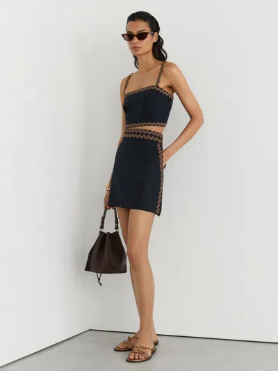 Reiss Navy/brown Linen Wave-trim Mini Skirt In Blue
