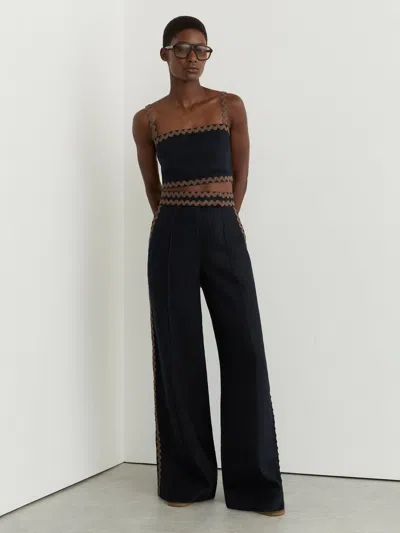 Reiss Navy/brown Petite Linen Wave-trim Wide-leg Trousers In Multi