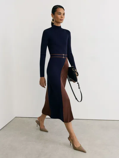 Reiss Navy/camel Knitted Satin-panel Belted Midi Dress In Blue