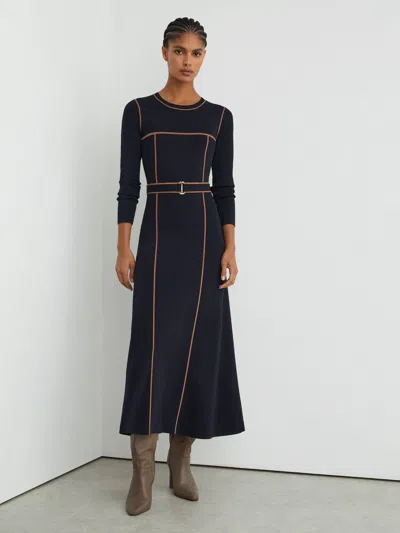 Reiss Navy/camel Petite Colour-block Knitted Midi Dress In Blue