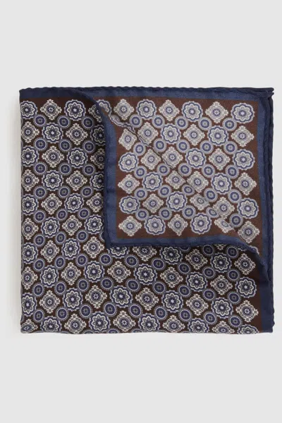 Reiss Mens Navy/chocolate Salerno Geometric-pattern Silk Pocket Squar