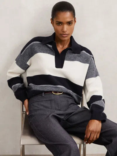Reiss Navy/cream Wool-cashmere Stripe Collared Jumper In Multi