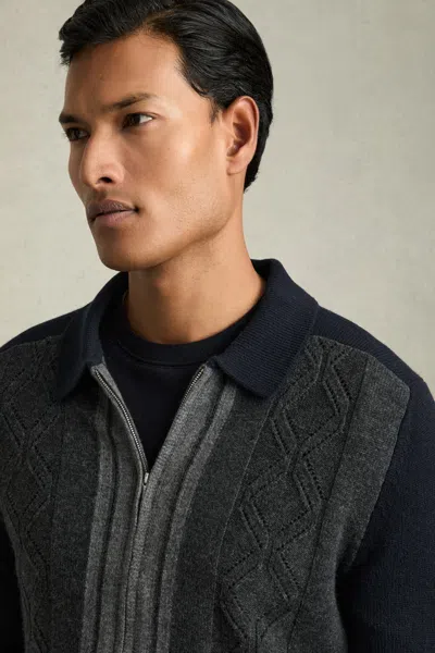 Reiss Navy/grey Wool Colour-block Zip-through Cardigan