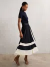 Reiss Navy/ivory Belted Pleated Midi Skirt In Multi