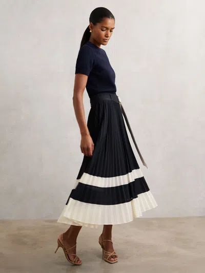 Reiss Navy/ivory Belted Pleated Midi Skirt In Multi