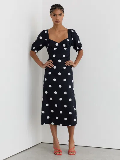 Reiss Navy/ivory Petite Linen Puff-sleeve Polka-dot Midi Dress In Black