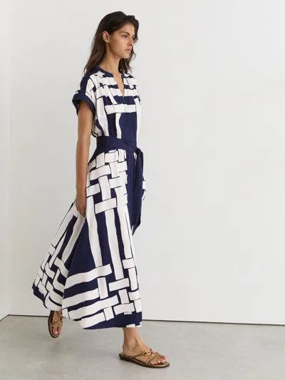 Reiss Navy/ivory Petite Scarf-print Belted Midi Dress In Multi