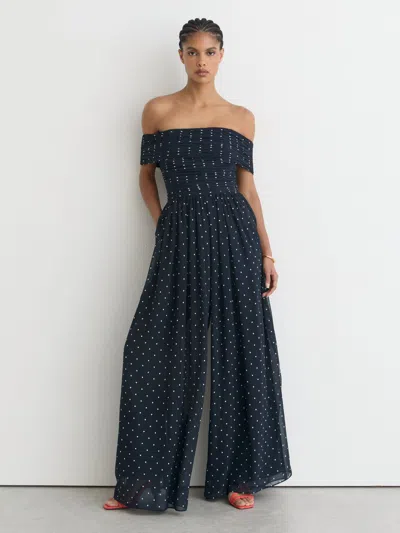 Reiss Margo Polka-dot Bardot Wide-leg Jumpsuit In Blue