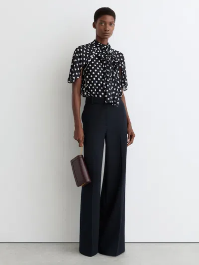 Reiss Navy/ivory Polka-dot Tie-neck Blouse In Black