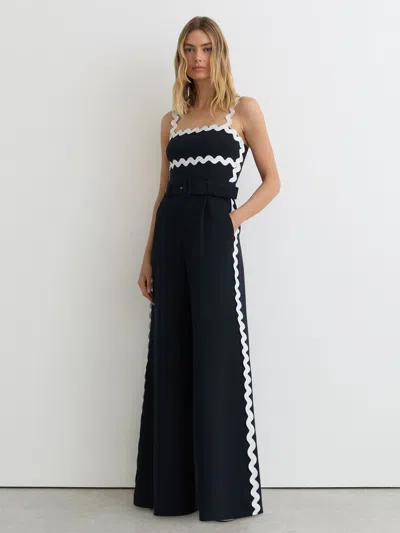 Reiss Navy/ivory Ric-rac Trim Wide-leg Jumpsuit In Blue