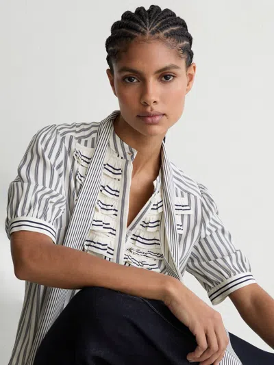 Reiss Navy/ivory Striped Ruffle-trim Tie-neck Blouse In Multi
