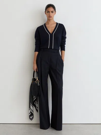 Reiss Navy/ivory Wool-blend V-neck Stripe-detail Jumper With Cashmere