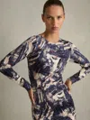 Reiss Navy/neutral Riyo Printed Ruched Midi Dress