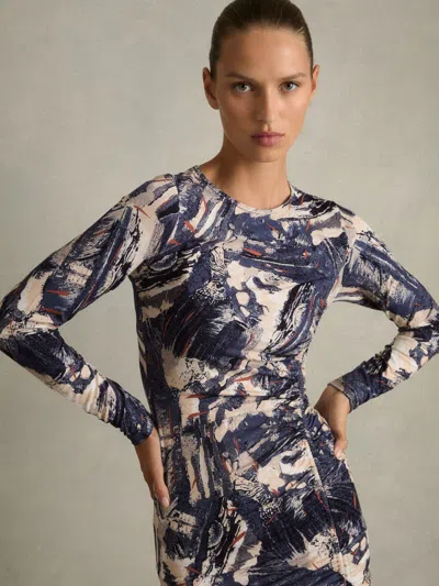 Reiss Navy/neutral Printed Ruched Midi Dress