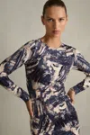 Reiss Navy/neutral Riyo Printed Ruched Midi Dress