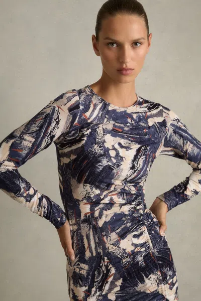 Reiss Navy/neutral Riyo Printed Ruched Midi Dress In Navy/neutral