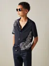 Reiss Navy/off White 9-13 Yrs Jersey Embroidered Cuban Collar Shirt
