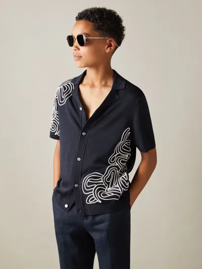 Reiss Navy/off White 9-13 Yrs Jersey Embroidered Cuban Collar Shirt In Multi