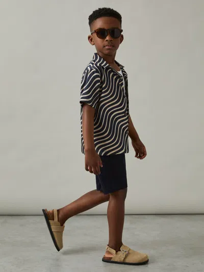 Reiss Navy/off White 9-13 Yrs Wave-print Cuban-collar Shirt