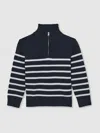 Reiss Navy/off White 13-14 Yrs Cotton-blend Stripe Half-zip Jumper In Multi
