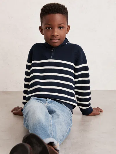 Reiss Navy/off White 3-9 Yrs Cotton-blend Stripe Half-zip Jumper In Multi