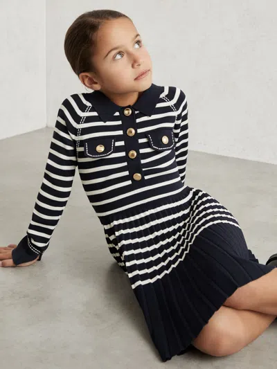 REISS REISS NAVY/WHITE SAPNA 9-13 YRS BUTTON-DETAIL STRIPE KNITTED DRESS