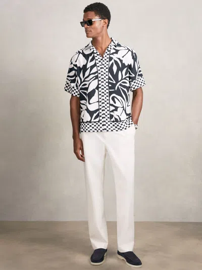 Reiss Navy/white Beattie Floral-print Cuban-collar Shirt In Multi