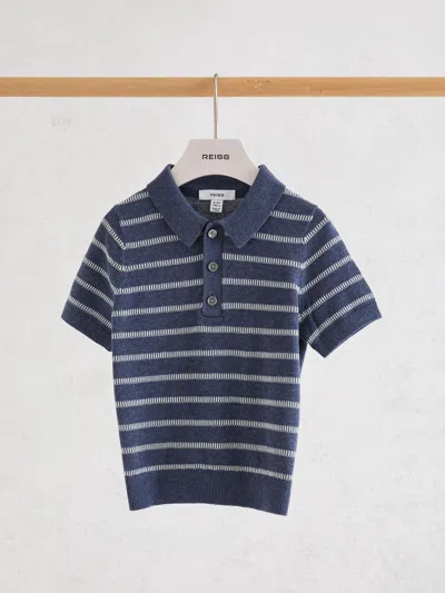 Reiss Kids'  Navy/white Carter 9-13 Yrs Cotton Stripe Knitted Polo Jumper In Blue