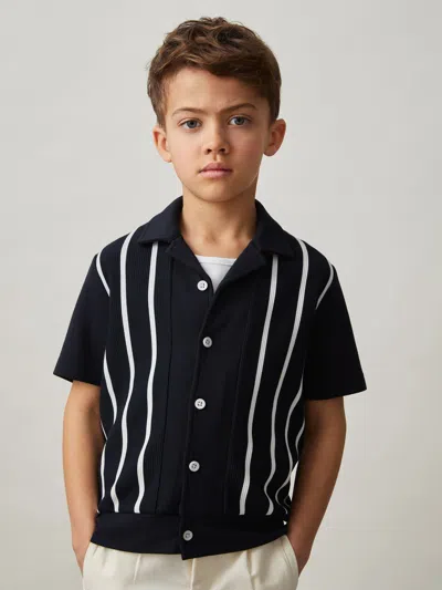 Reiss Navy/white 9-13 Yrs Stripe Cuban Collar Shirt