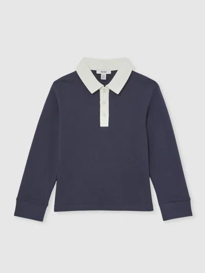 Reiss Kids' Navy/white Cotton Half-button Rugby Polo Shirt In Blue