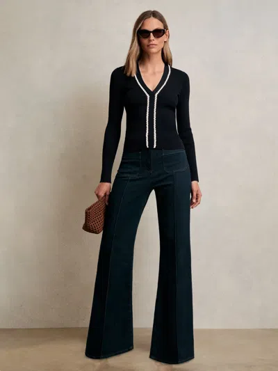 Reiss Navy/white Craft-stitch Rib-knit Top In Black