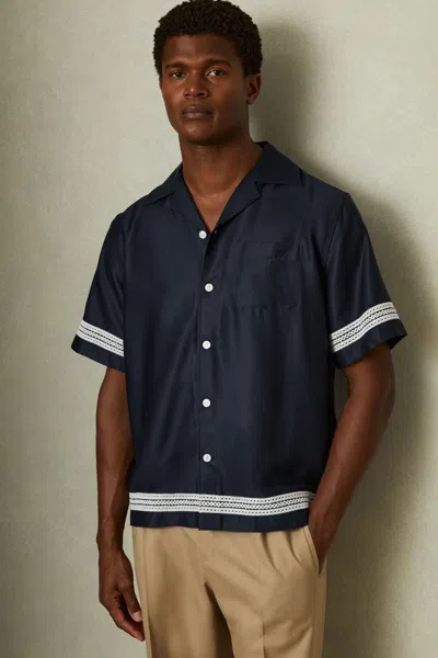 Reiss Navy/white Sharday Embroidered Trim Cuban Collar Shirt
